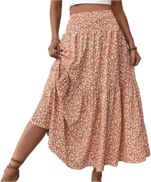 Floral Print Skirt for Womens High Waisted Elasic Cotton Bboho Skirts Casual Flowy Swing Pleated A-Line Maxi Skirt