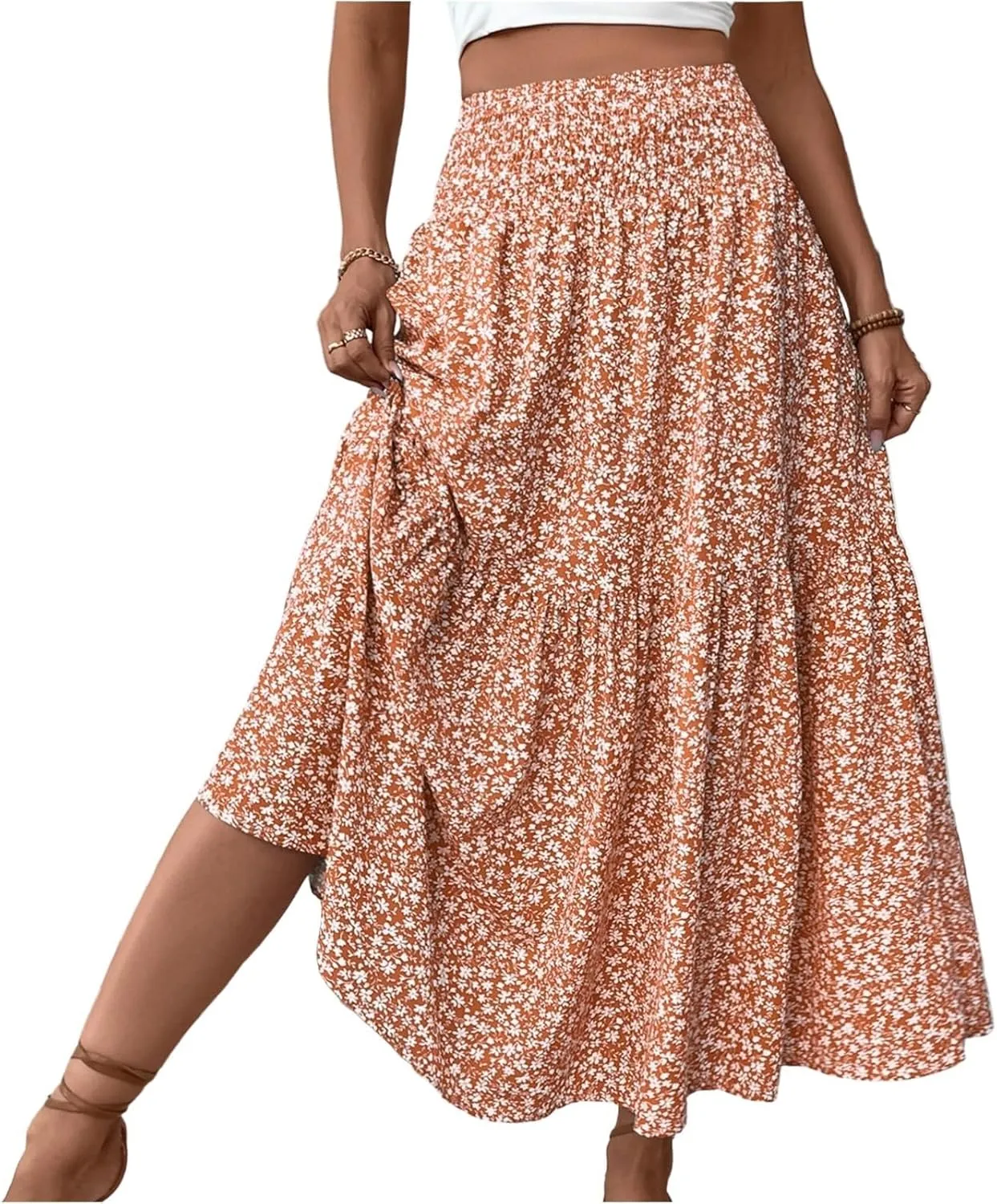 Floral Print Skirt for Womens High Waisted Elasic Cotton Bboho Skirts Casual Flowy Swing Pleated A-Line Maxi Skirt