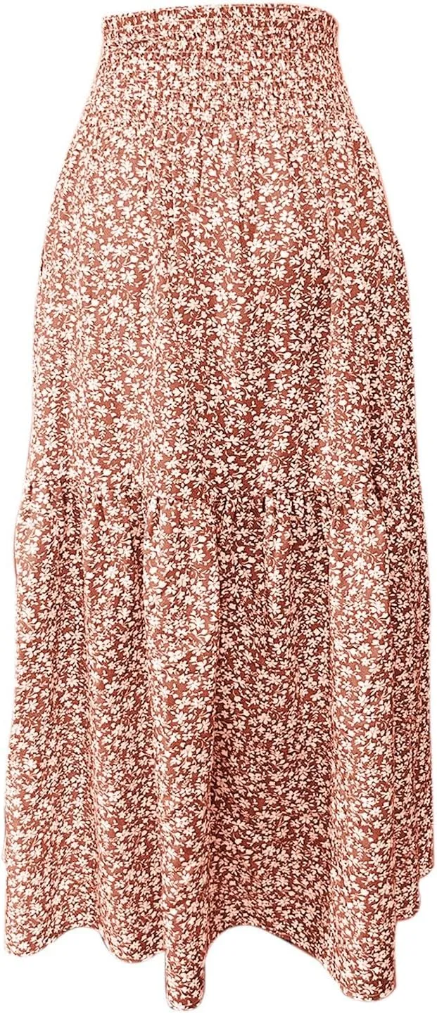 Floral Print Skirt for Womens High Waisted Elasic Cotton Bboho Skirts Casual Flowy Swing Pleated A-Line Maxi Skirt