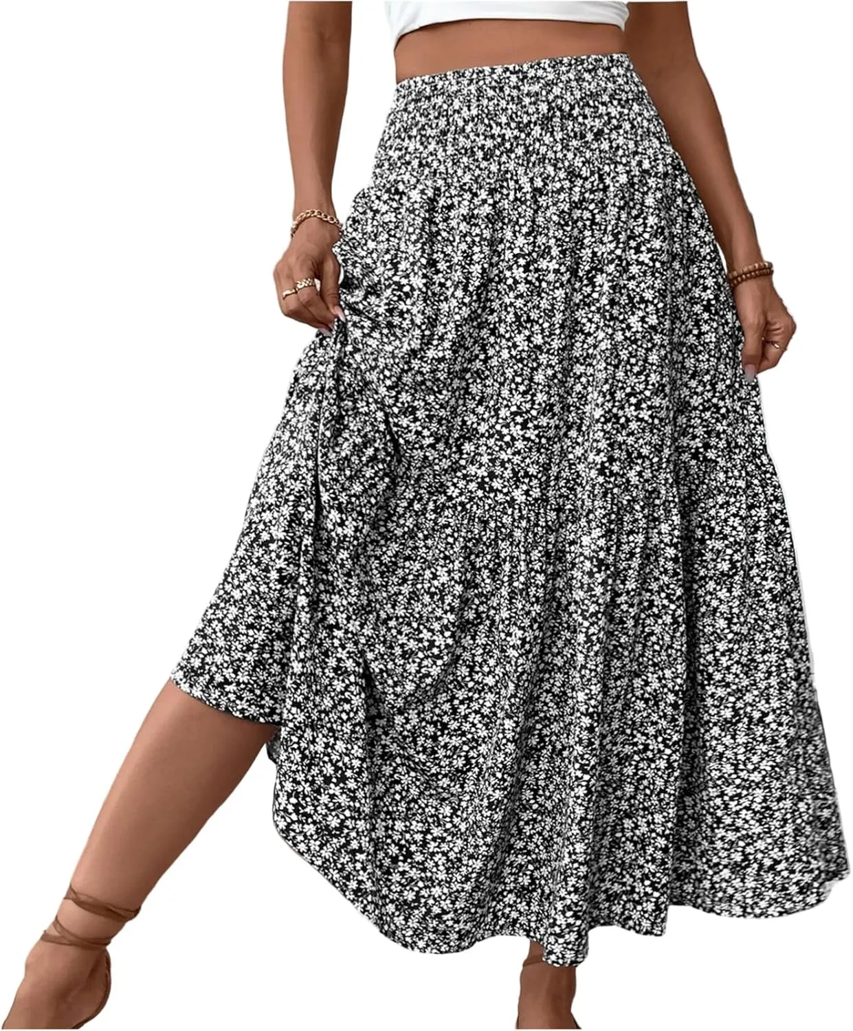 Floral Skirts for Women Summer Flowy Tiered Elastic High Waisted Print Swing Skirt Vacation A-Line Long Midi Skirts