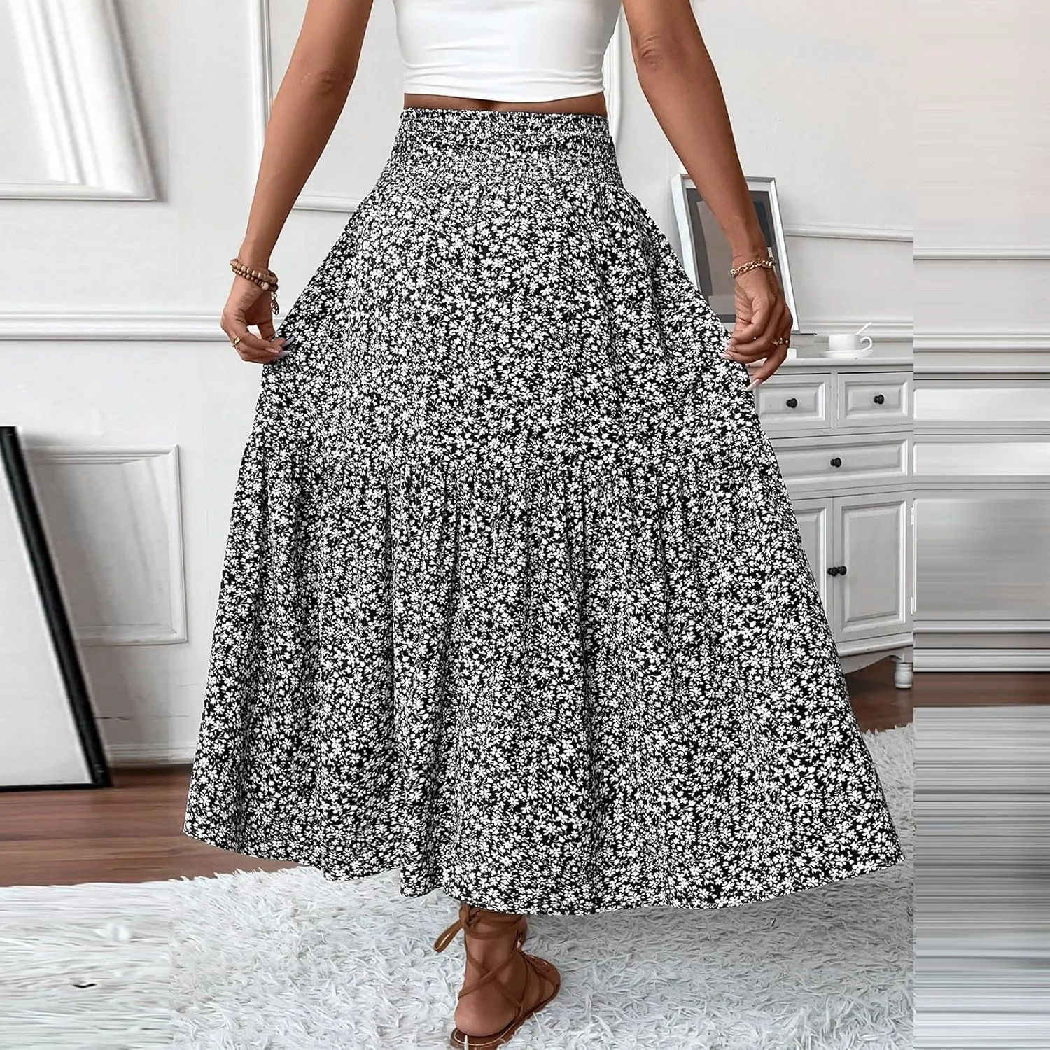 Floral Skirts for Women Summer Flowy Tiered Elastic High Waisted Print Swing Skirt Vacation A-Line Long Midi Skirts