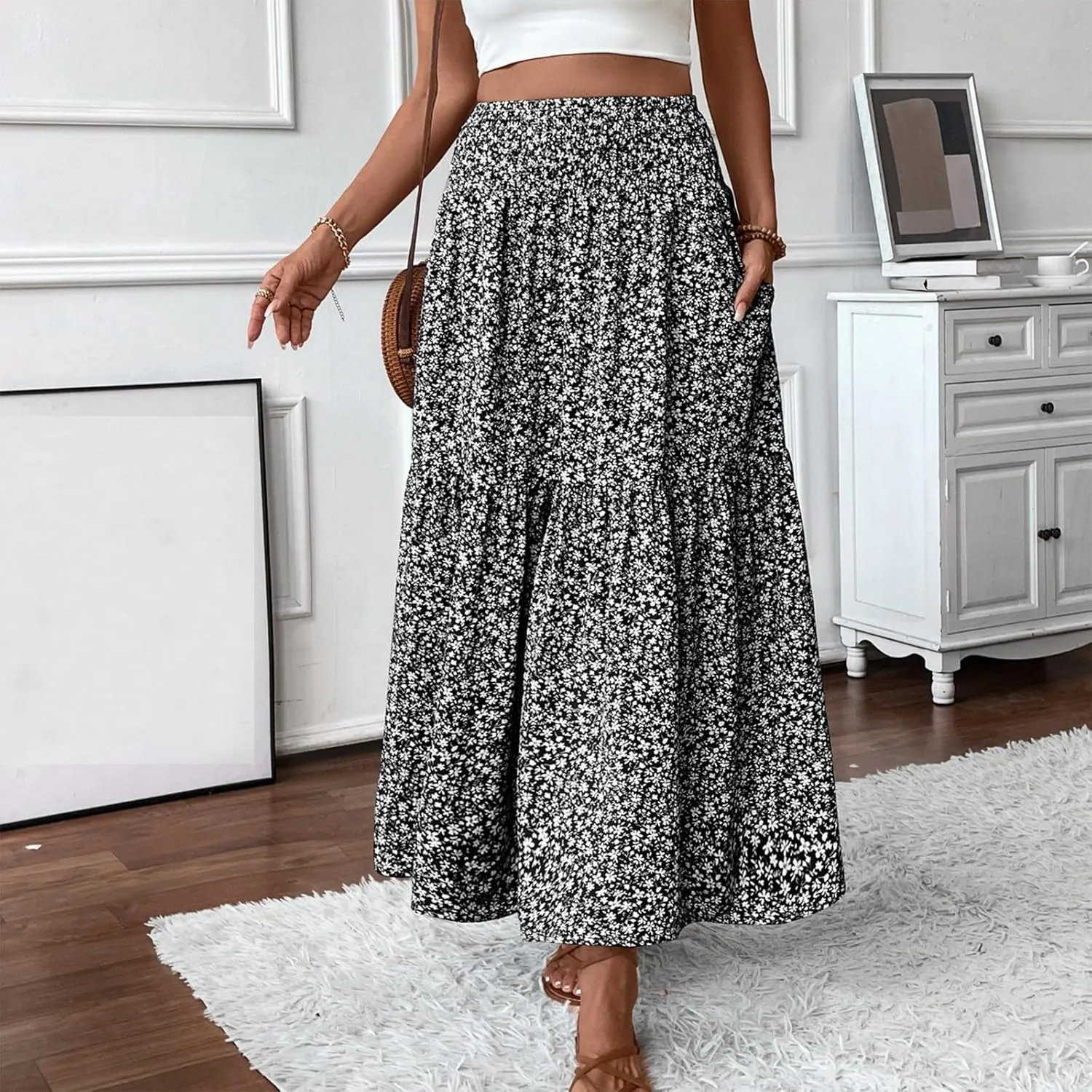 Floral Skirts for Women Summer Flowy Tiered Elastic High Waisted Print Swing Skirt Vacation A-Line Long Midi Skirts