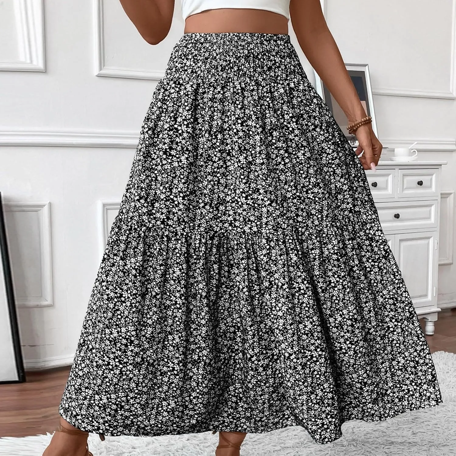 Floral Skirts for Women Summer Flowy Tiered Elastic High Waisted Print Swing Skirt Vacation A-Line Long Midi Skirts