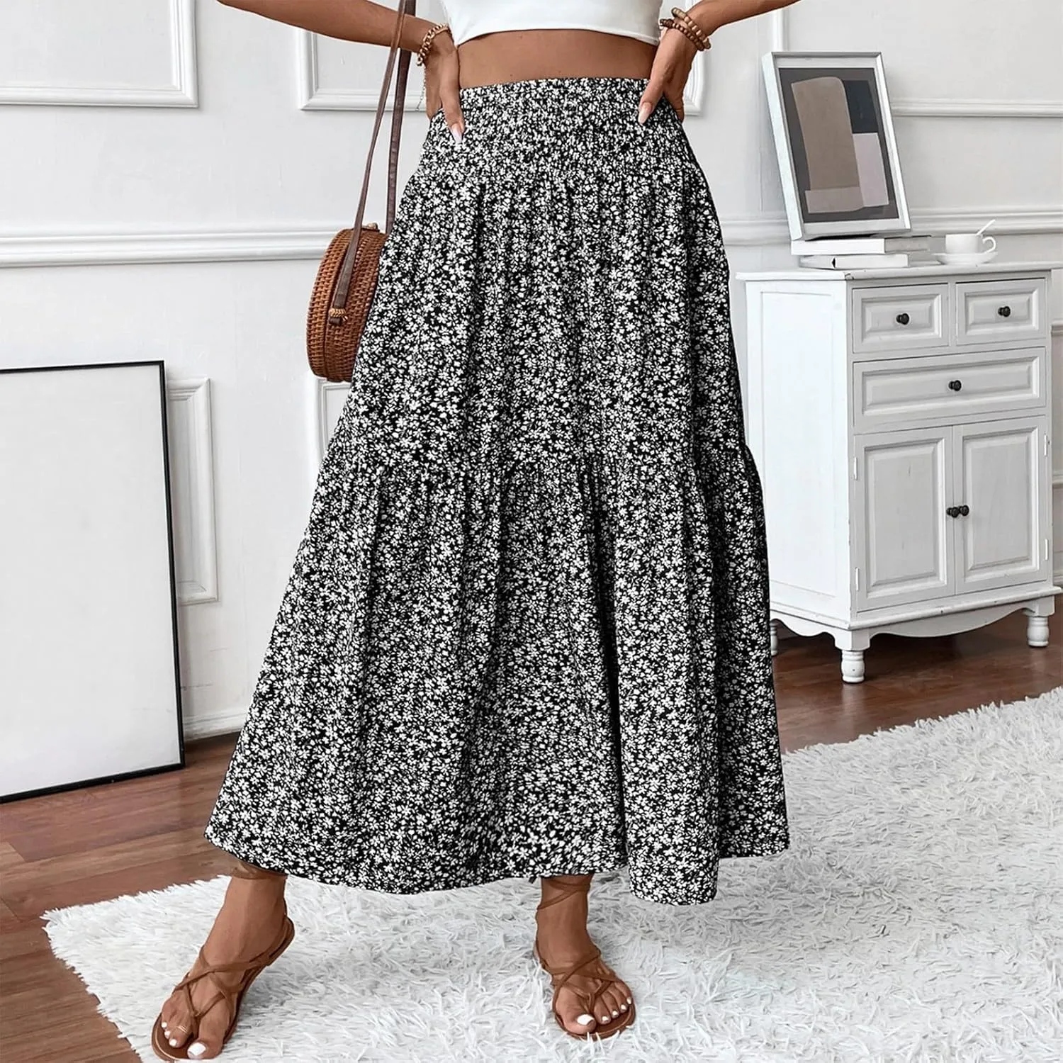 Floral Skirts for Women Summer Flowy Tiered Elastic High Waisted Print Swing Skirt Vacation A-Line Long Midi Skirts