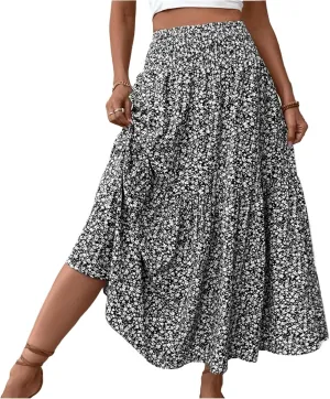 Floral Skirts for Women Summer Flowy Tiered Elastic High Waisted Print Swing Skirt Vacation A-Line Long Midi Skirts