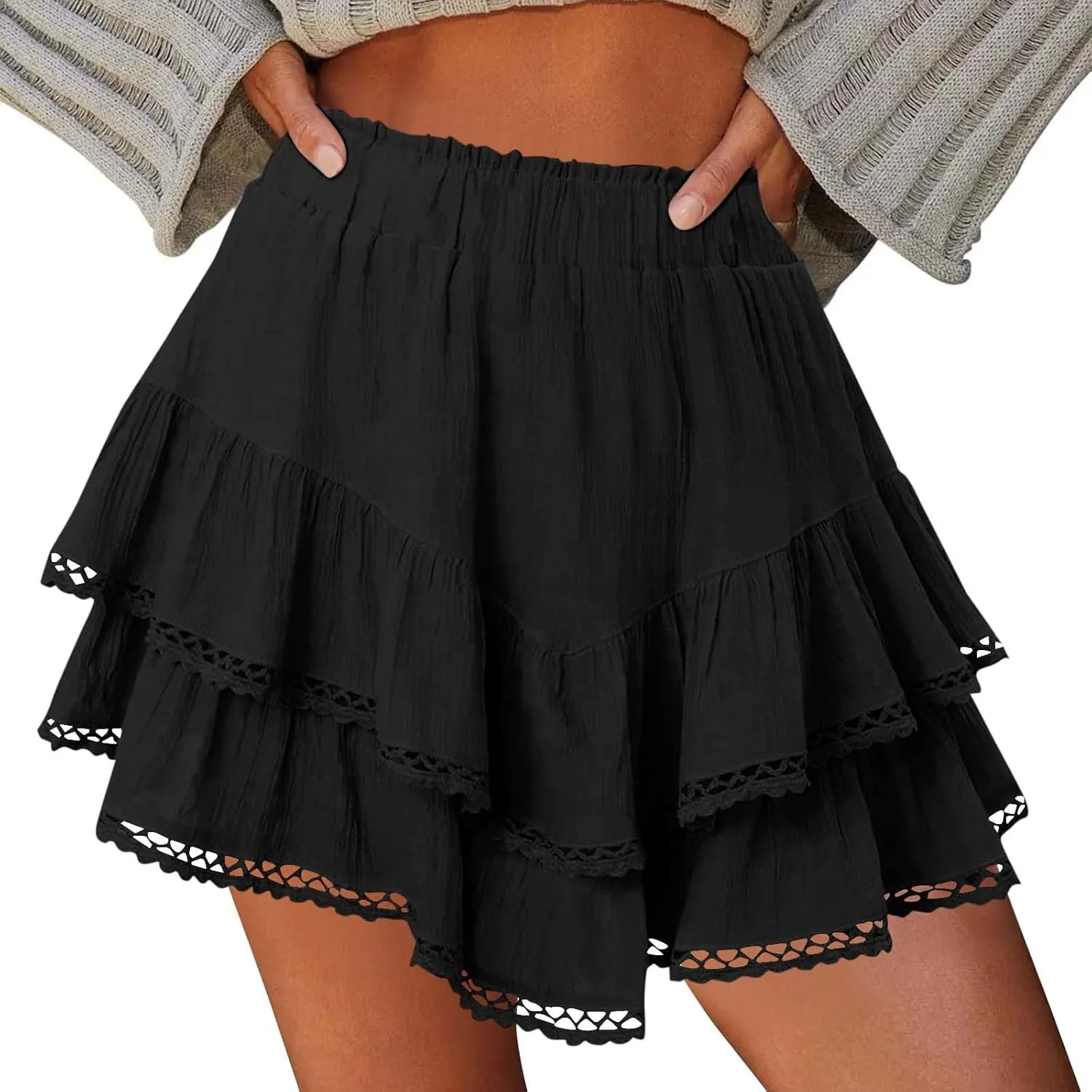 Flowy Shorts for Women Casual 2025 Boho Ruffle Tiered Skorts Elastic High Waisted Cute Mini Skirts Golf Tennis Shorts