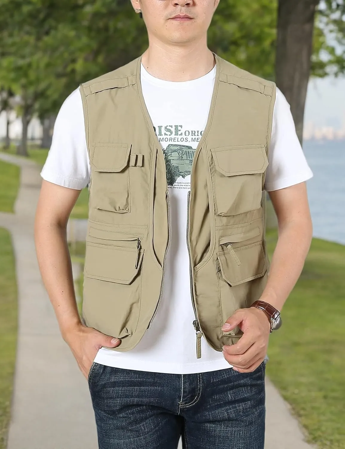 Flygo Men's Utility Cargo Vest Outdoor Fishing Safari Travel Work Photo Vest with Pockets