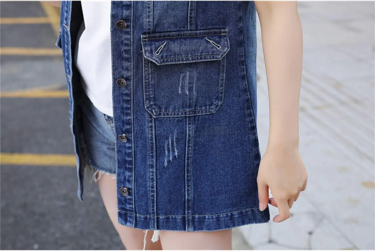 Flygo Womens Casual Button Up Sleeveless Denim Jean Mid Long Vest Gilet Jacket