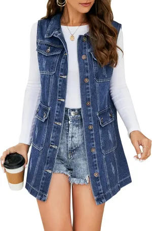 Flygo Womens Casual Button Up Sleeveless Denim Jean Mid Long Vest Gilet Jacket