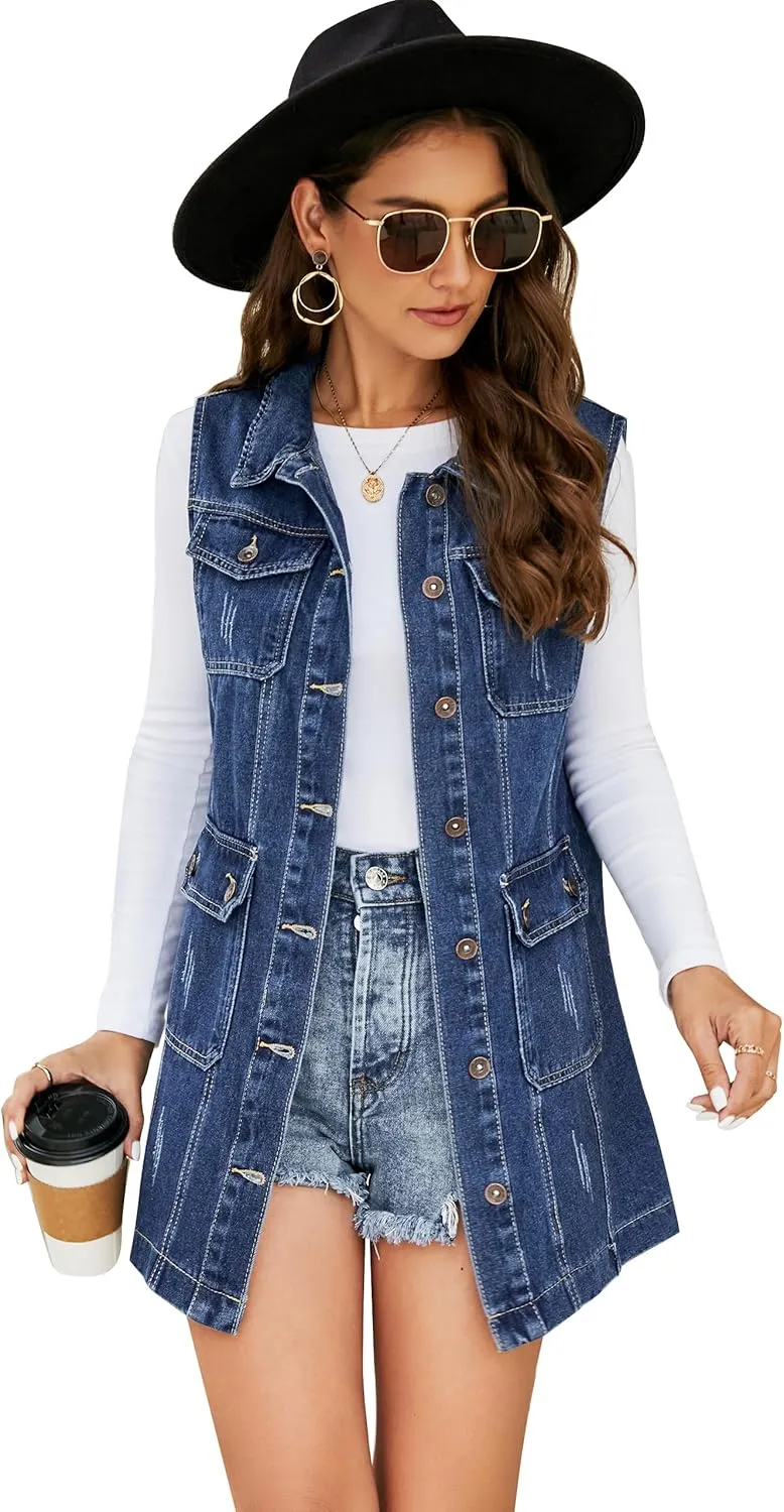 Flygo Womens Casual Button Up Sleeveless Denim Jean Mid Long Vest Gilet Jacket