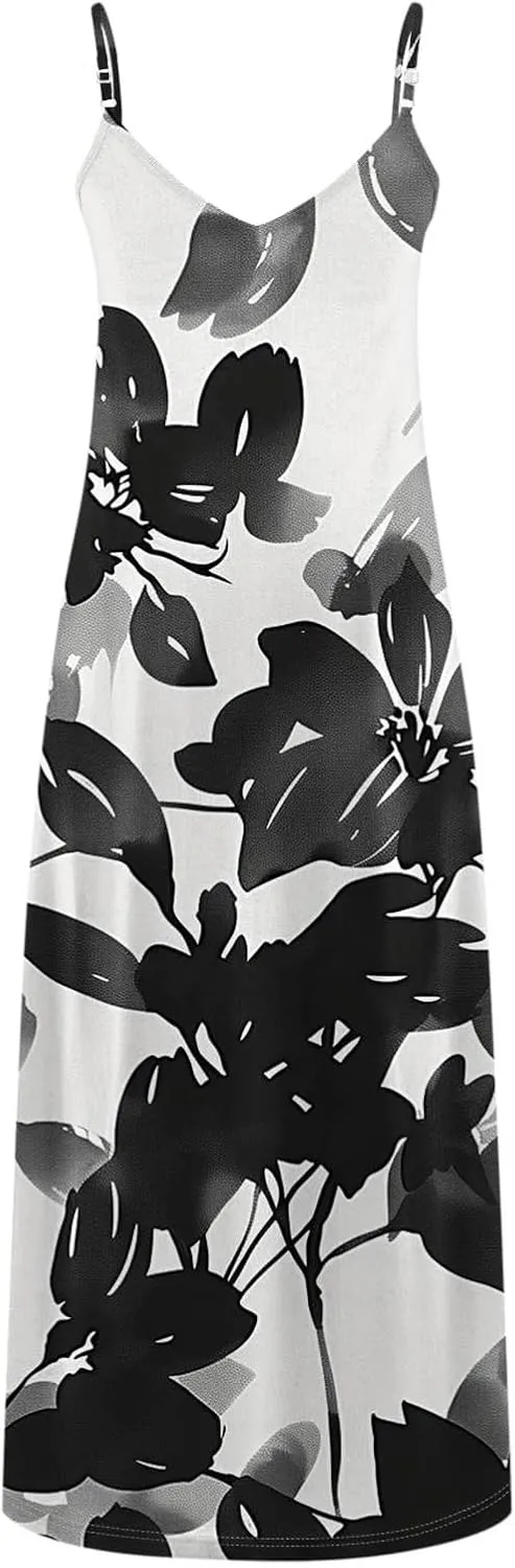 Formal Dresses for Women 2024 Wedding Guest, Sleeveless Casual V Neck Ruffle Dresses, Lightweight Floral Boho Dress