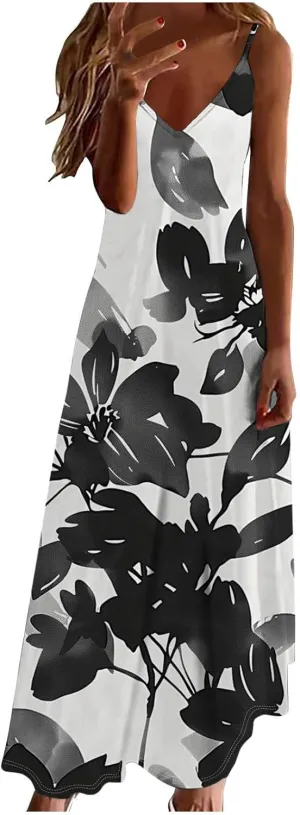 Formal Dresses for Women 2024 Wedding Guest, Sleeveless Casual V Neck Ruffle Dresses, Lightweight Floral Boho Dress