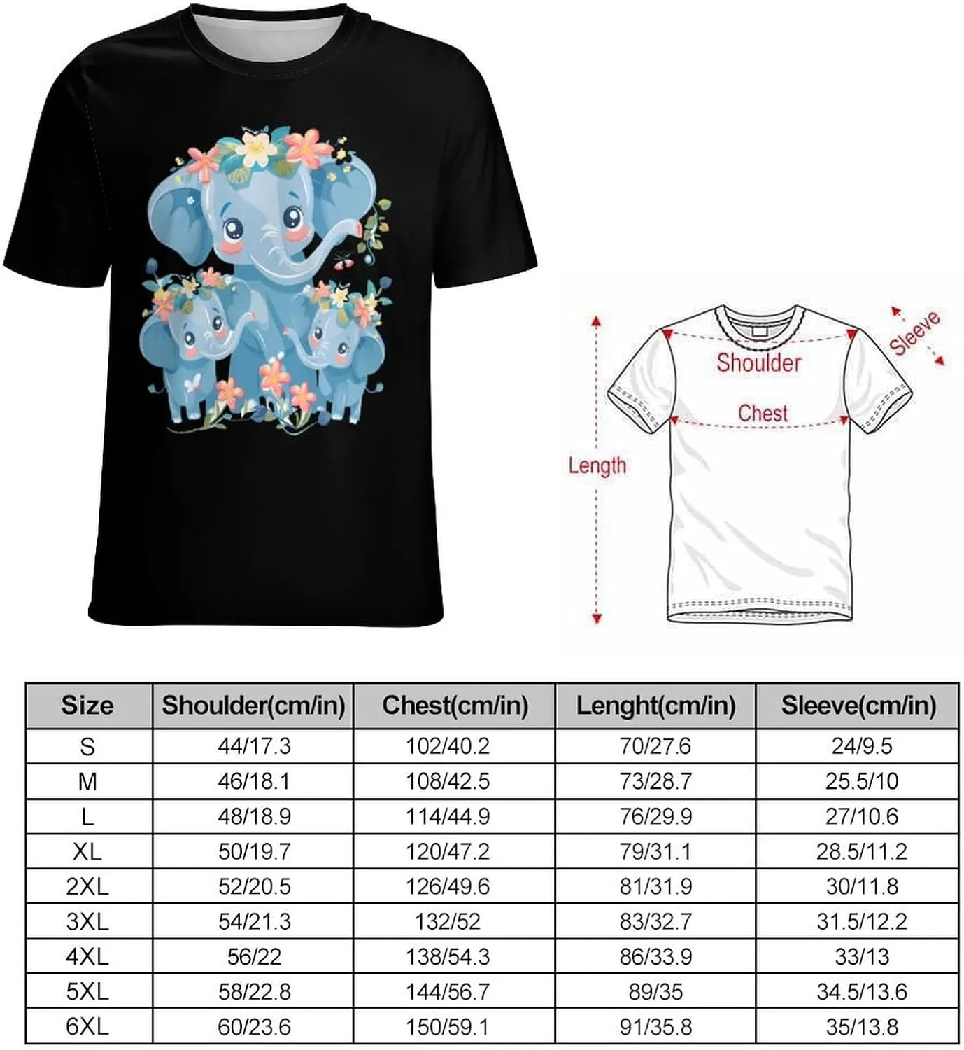 Funny Elephant Family Men's T-Shirt Short Sleeve Crewneck Shirt Casual Workout Tee Top