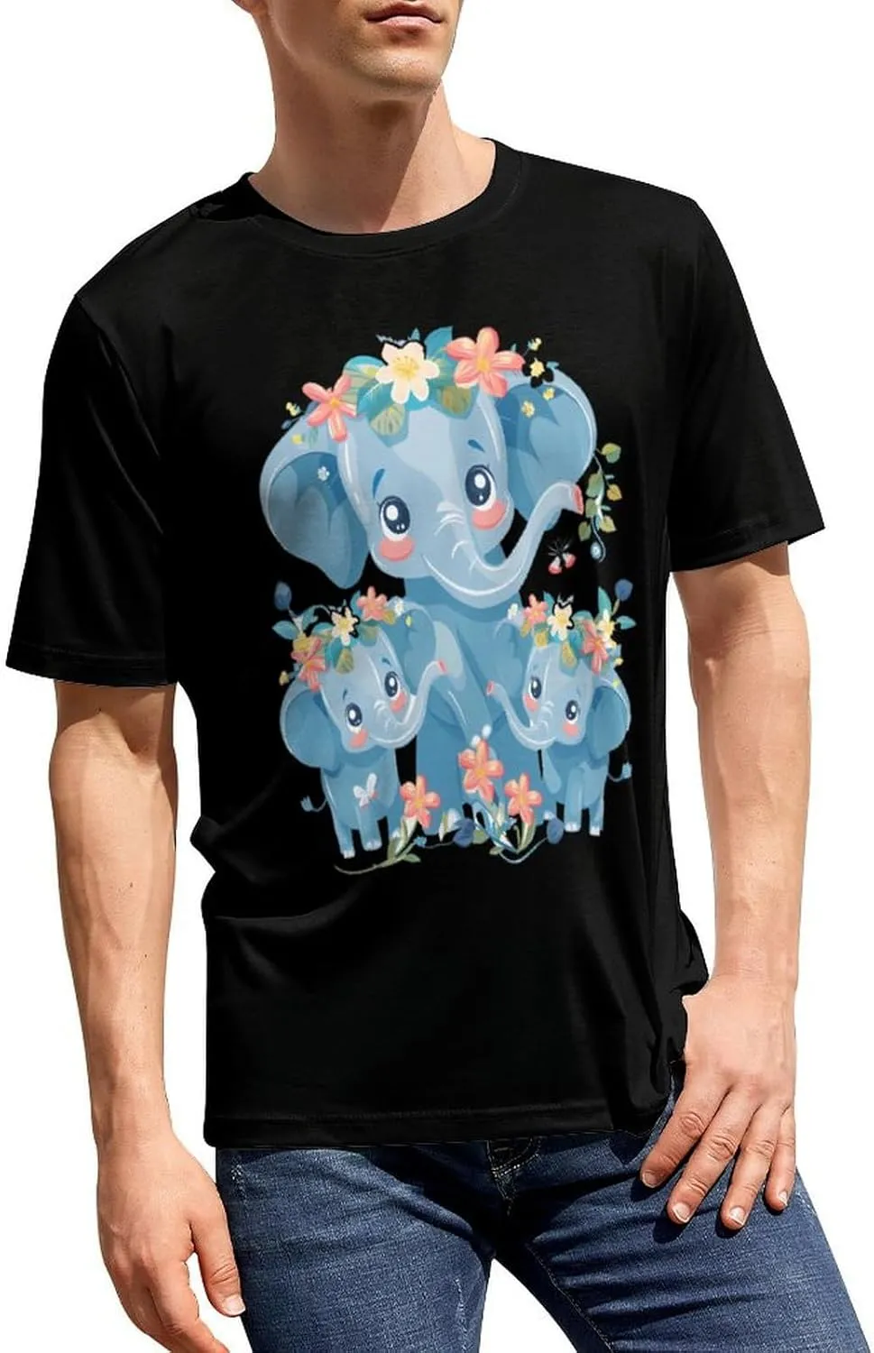 Funny Elephant Family Men's T-Shirt Short Sleeve Crewneck Shirt Casual Workout Tee Top