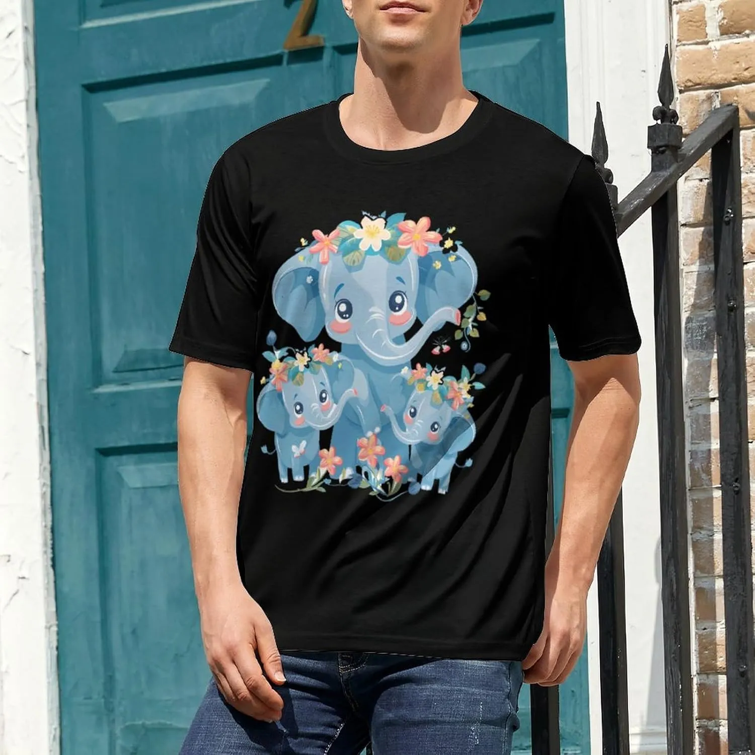 Funny Elephant Family Men's T-Shirt Short Sleeve Crewneck Shirt Casual Workout Tee Top