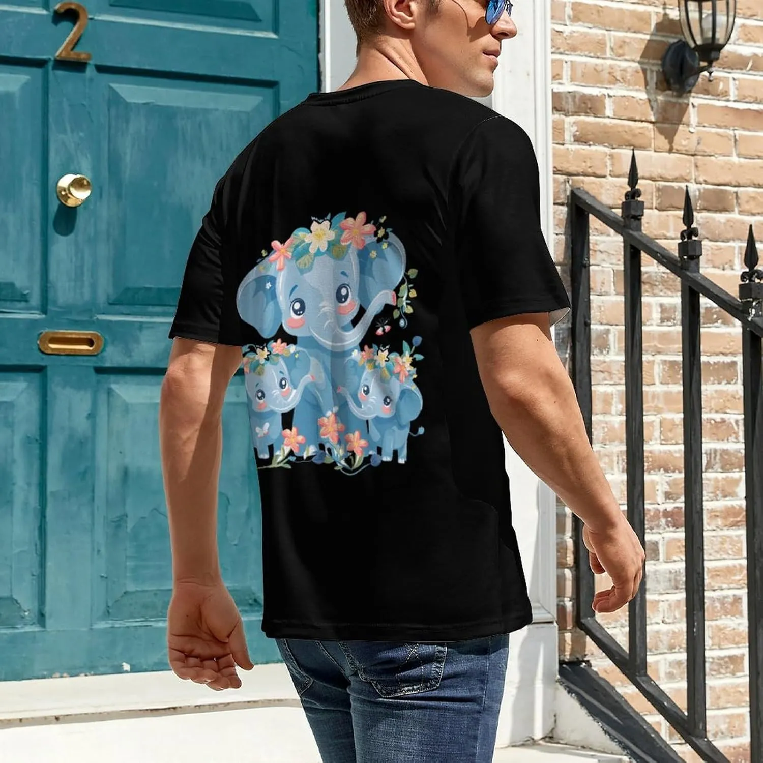 Funny Elephant Family Men's T-Shirt Short Sleeve Crewneck Shirt Casual Workout Tee Top