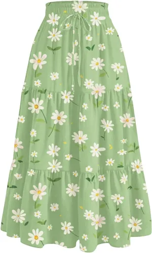 Gingham Skirt for Women High Waist A-Line Maxi Skirt Flowy Long Skirt Summer