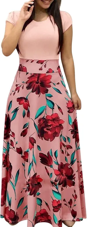 GOKKILRW Maxi Dresses for Women Wedding Guest High Waist Party Evening Maxi Dress Casual Loose Short Sleeve Beach Dresses