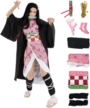 Gonriya Womens Cosplay Cloak Anime Costume Japanese Kimono Pink Suit Robe Cape Full Set Outfits with Props Halloween