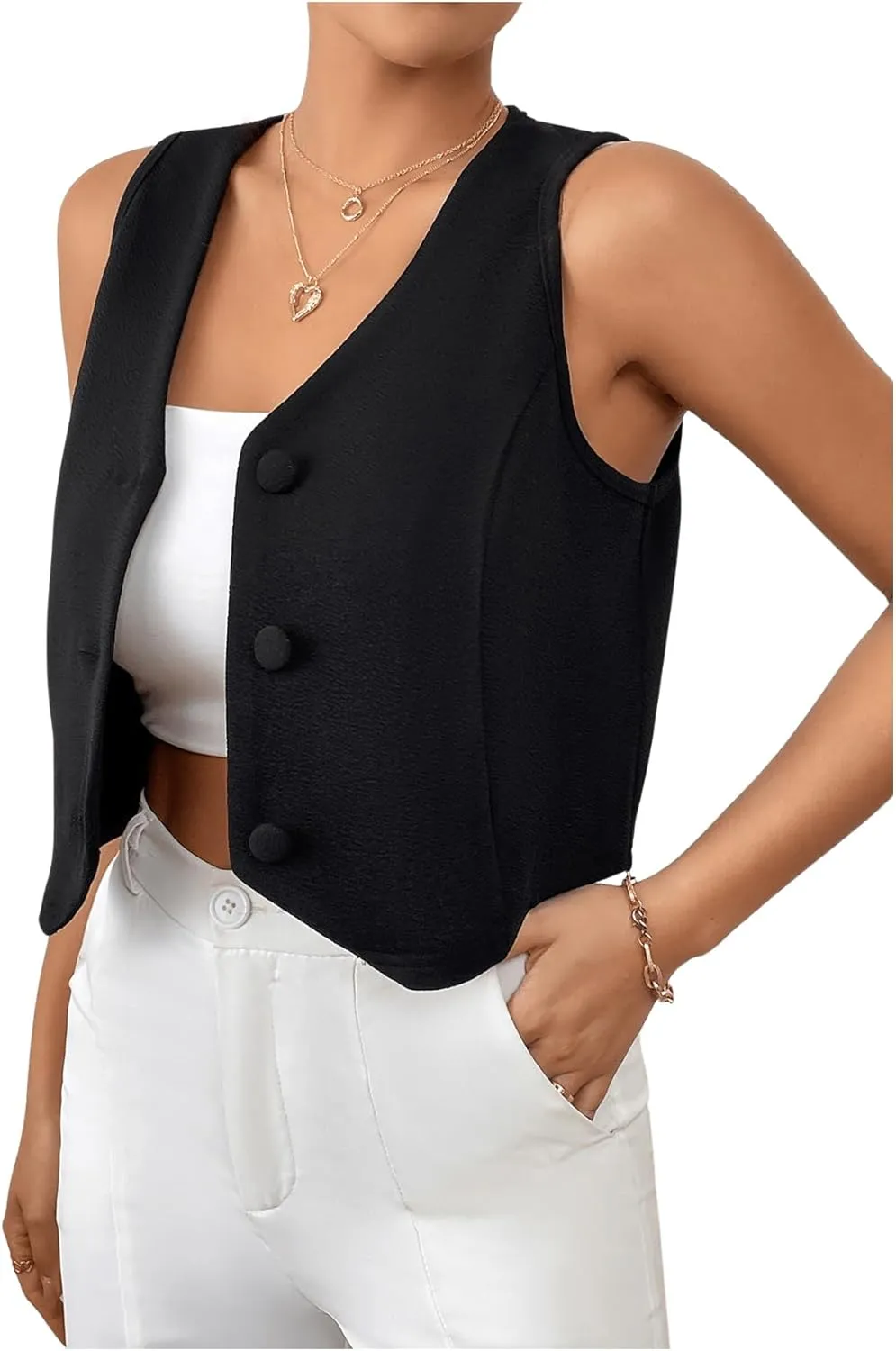 GORGLITTER Women's Button Waistcoat Vest Dressy Sleeveless Crop Vest Blazer