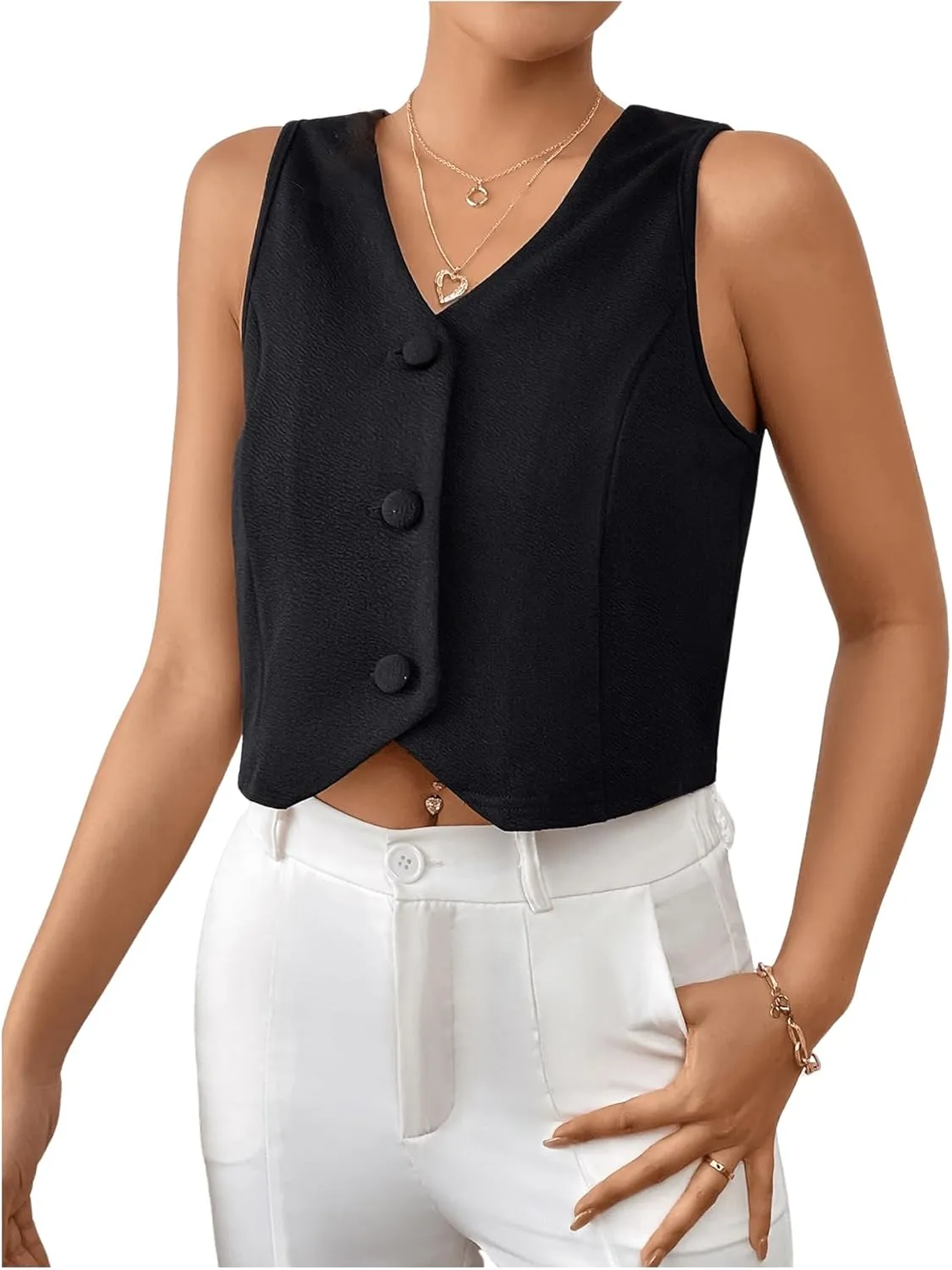 GORGLITTER Women's Button Waistcoat Vest Dressy Sleeveless Crop Vest Blazer