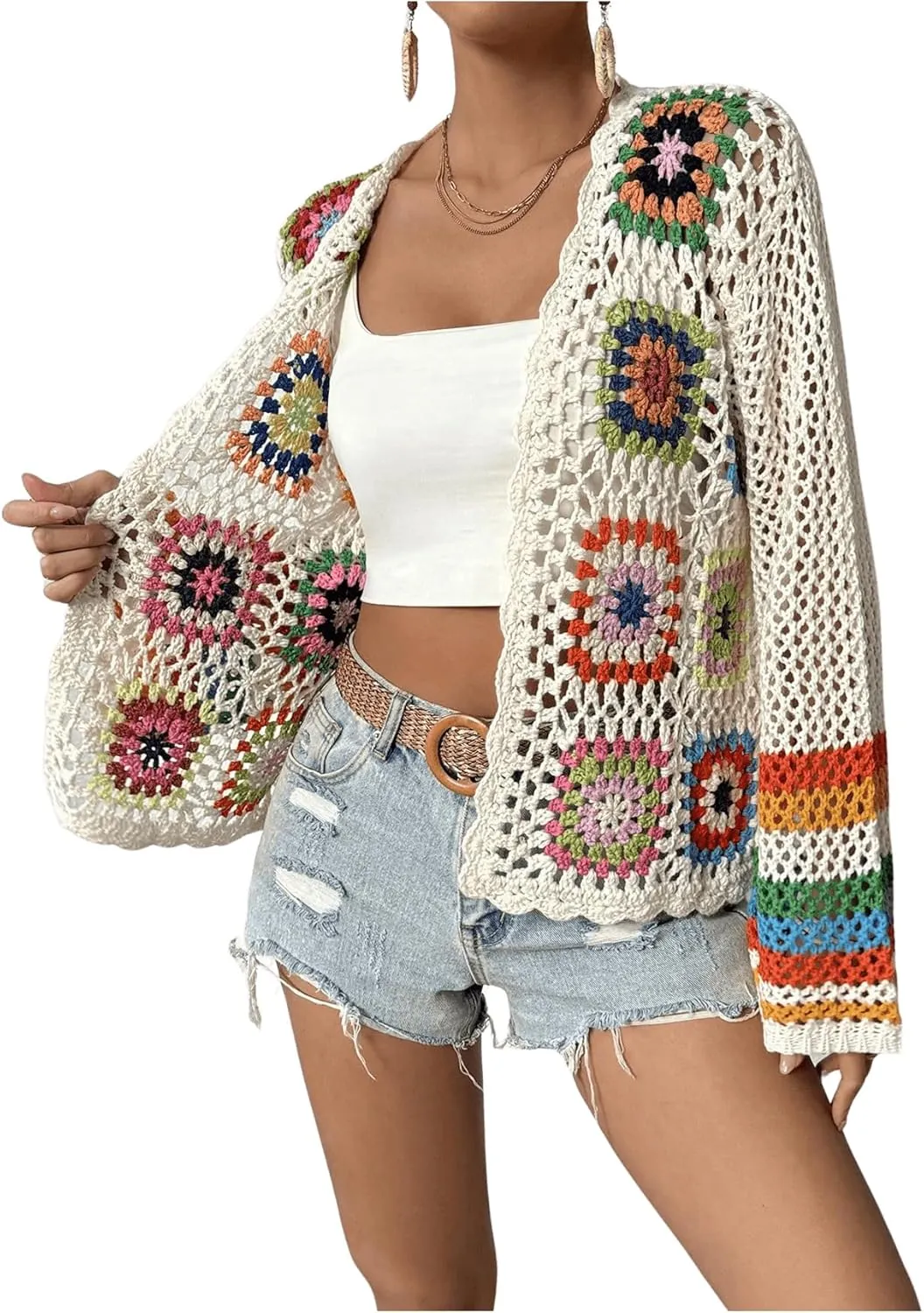 GORGLITTER Women's Floral Colorful Crochet Kimono Cardigan Hollow Out Long Sleeve Cover Ups