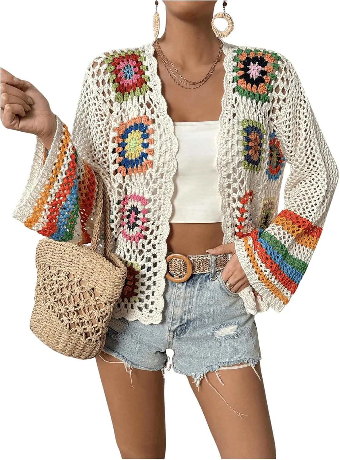 GORGLITTER Women's Floral Colorful Crochet Kimono Cardigan Hollow Out Long Sleeve Cover Ups