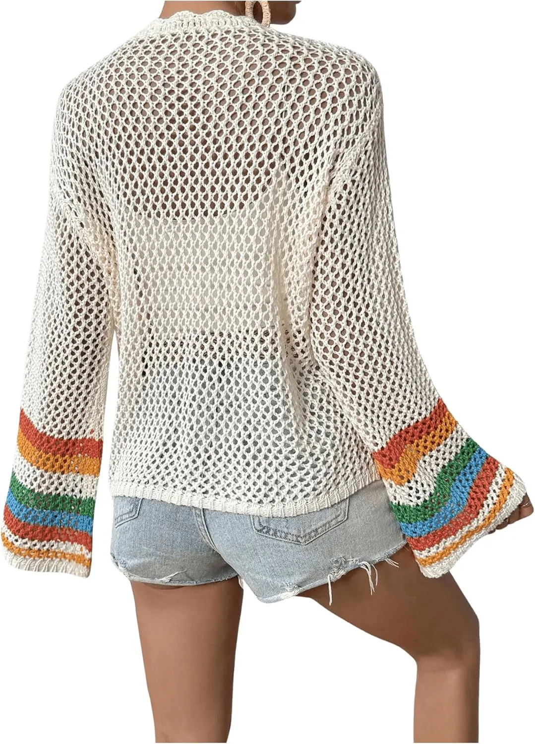 GORGLITTER Women's Floral Colorful Crochet Kimono Cardigan Hollow Out Long Sleeve Cover Ups