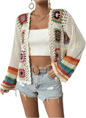 GORGLITTER Women's Floral Colorful Crochet Kimono Cardigan Hollow Out Long Sleeve Cover Ups