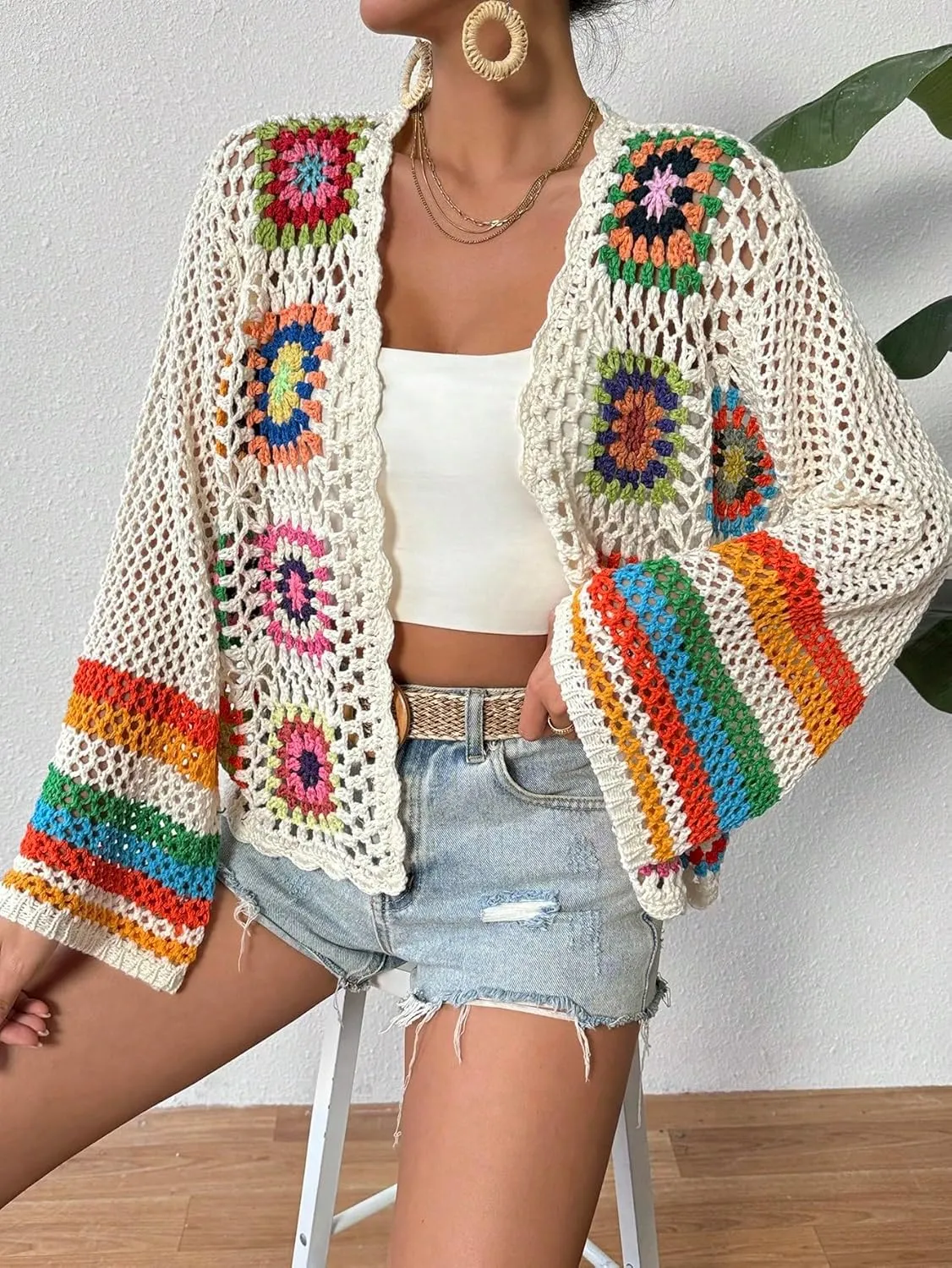 GORGLITTER Women's Floral Colorful Crochet Kimono Cardigan Hollow Out Long Sleeve Cover Ups