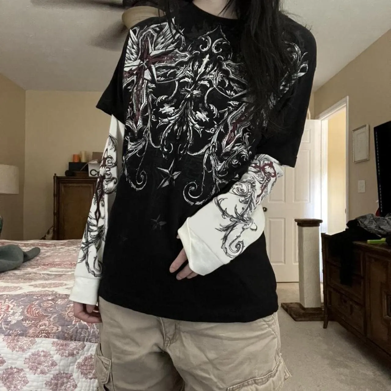 Goth Shirt Gothic Shirt Fake Two-Piece Alternative Clothing Goth Long Sleeve Top Grunge Clothes