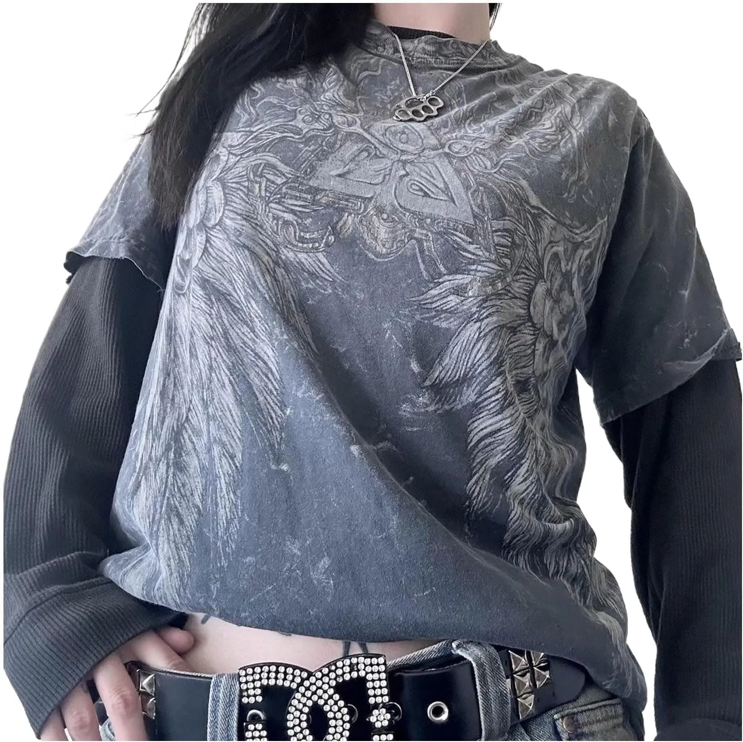 Goth Shirt Gothic Shirt Fake Two-Piece Alternative Clothing Goth Long Sleeve Top Grunge Clothes