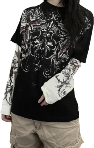 Goth Shirt Gothic Shirt Fake Two-Piece Alternative Clothing Goth Long Sleeve Top Grunge Clothes
