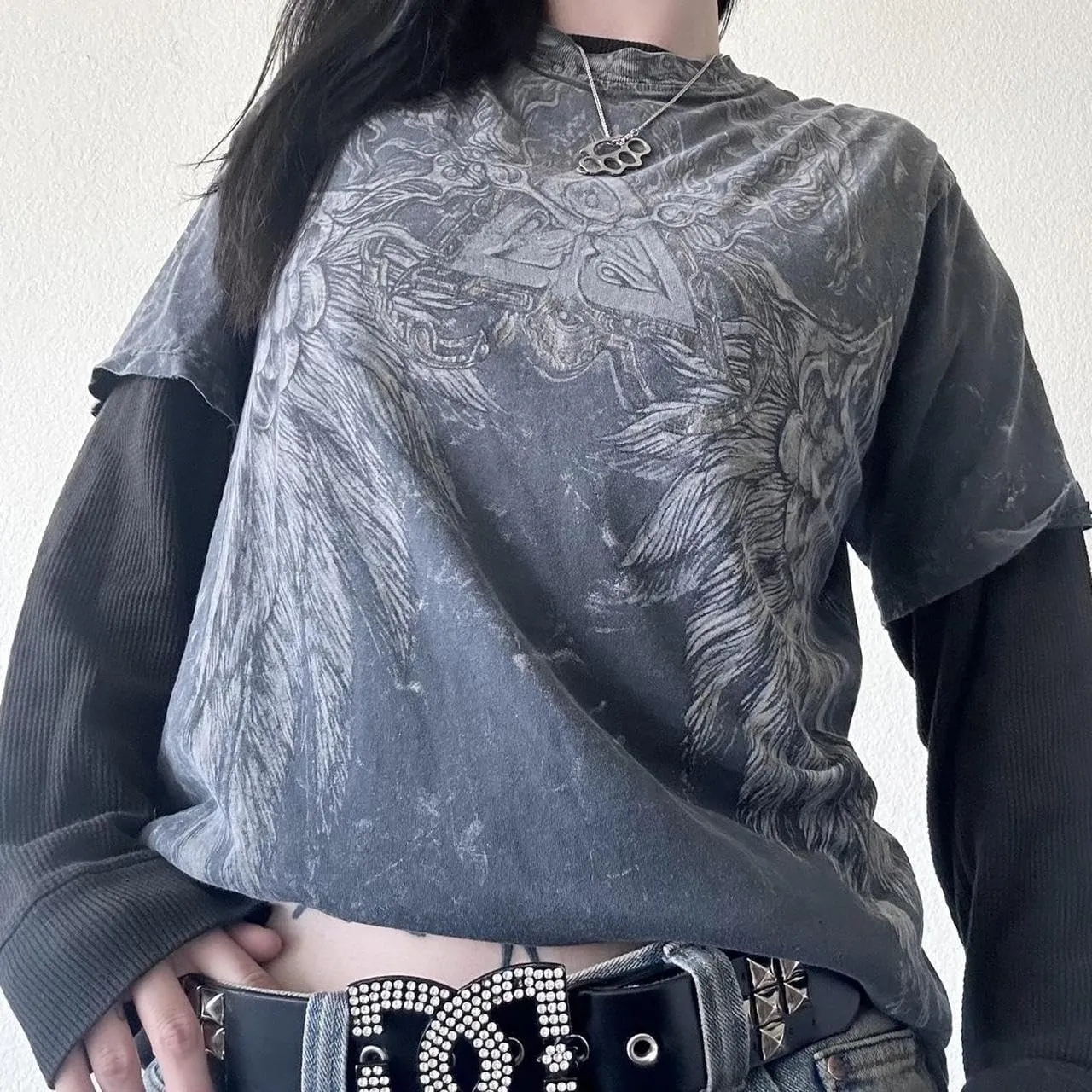 Goth Shirt Gothic Shirt Fake Two-Piece Alternative Clothing Goth Long Sleeve Top Grunge Clothes
