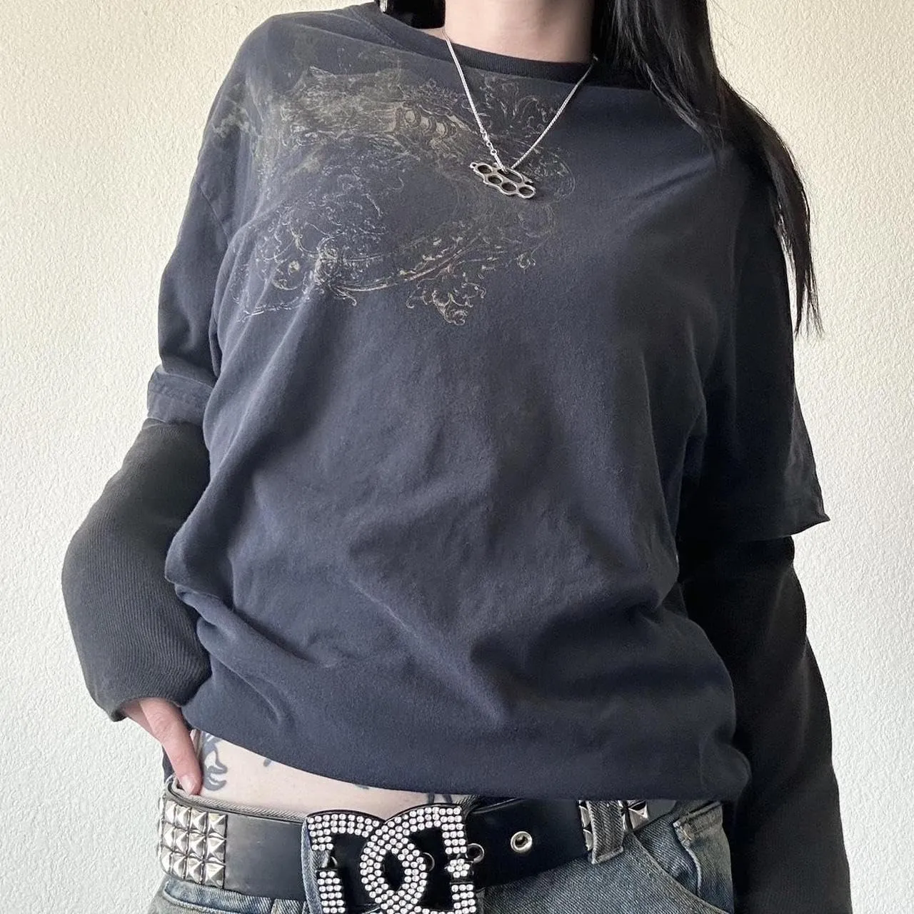 Goth Shirt Gothic Shirt Fake Two-Piece Alternative Clothing Goth Long Sleeve Top Grunge Clothes