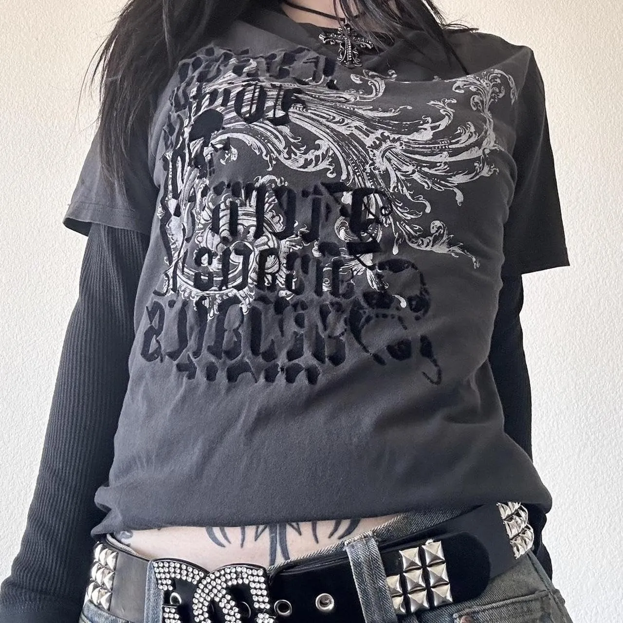 Goth Shirt Gothic Shirt Fake Two-Piece Alternative Clothing Goth Long Sleeve Top Grunge Clothes