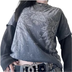 Goth Shirt Gothic Shirt Fake Two-Piece Alternative Clothing Goth Long Sleeve Top Grunge Clothes