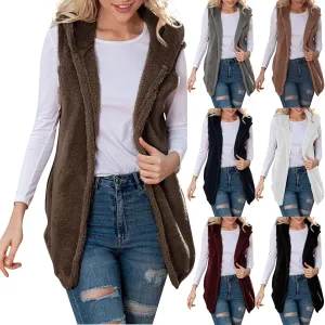Gumipy Women Sleeveless Sherpa Vest Lapel Hooded Fleece Vest Jacket Trendg Open Front Oversized Cardigans Vests with Pockets