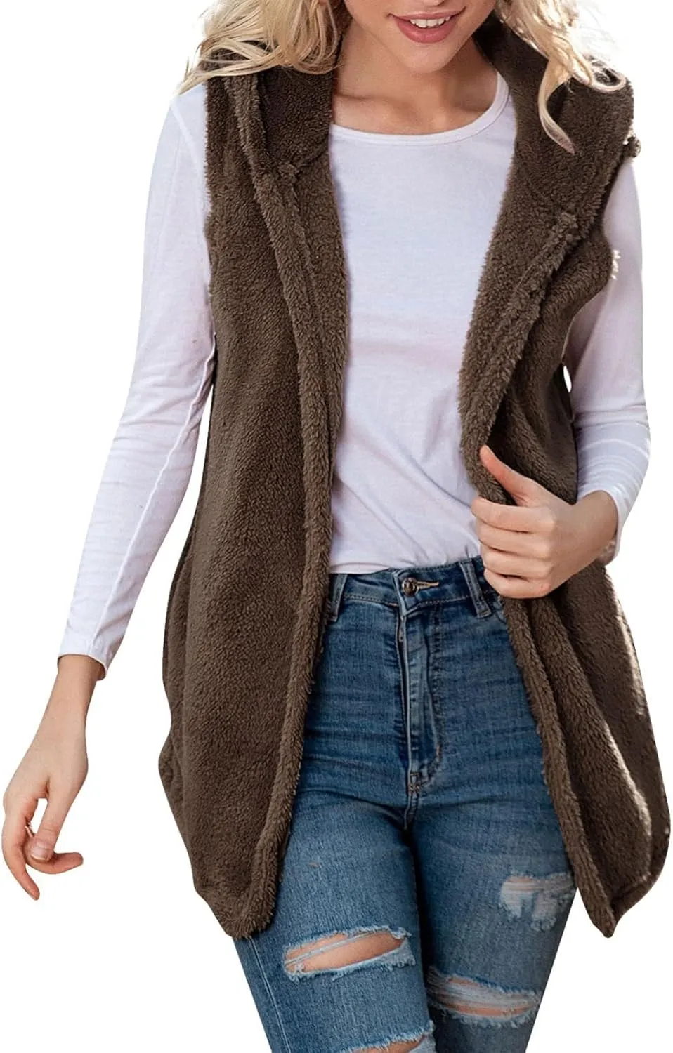 Gumipy Women Sleeveless Sherpa Vest Lapel Hooded Fleece Vest Jacket Trendg Open Front Oversized Cardigans Vests with Pockets