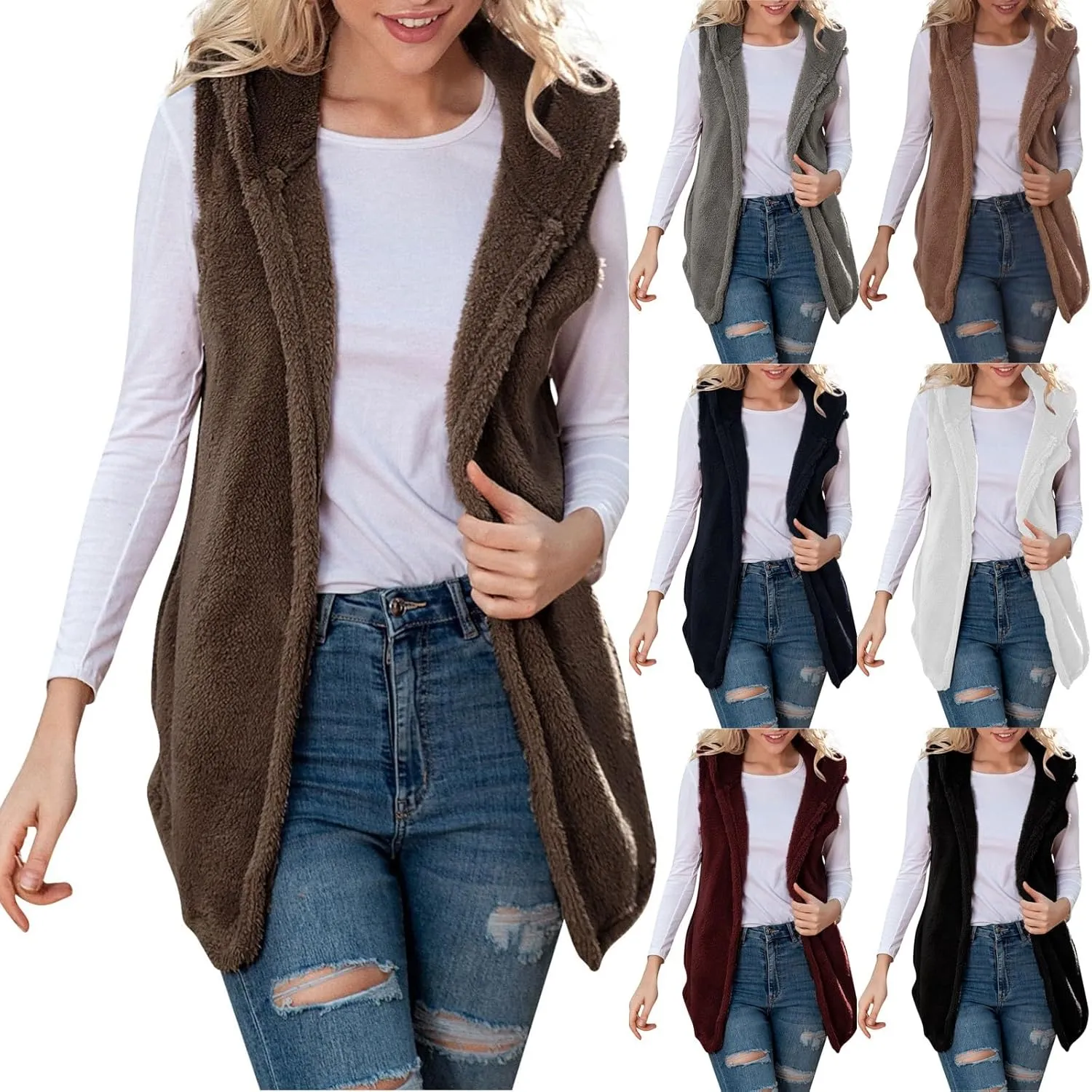 Gumipy Women Sleeveless Sherpa Vest Lapel Hooded Fleece Vest Jacket Trendg Open Front Oversized Cardigans Vests with Pockets
