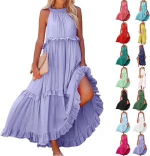 Halter Maxi Dresses for Women 2025 Summer Smocked Tiered Ruffle Dress Flowy Beach Wedding Guest Dress with Pockets