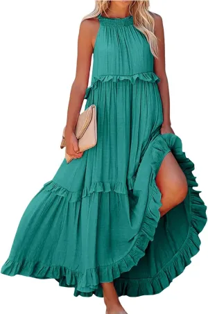 Halter Maxi Dresses for Women 2025 Summer Smocked Tiered Ruffle Dress Flowy Beach Wedding Guest Dress with Pockets