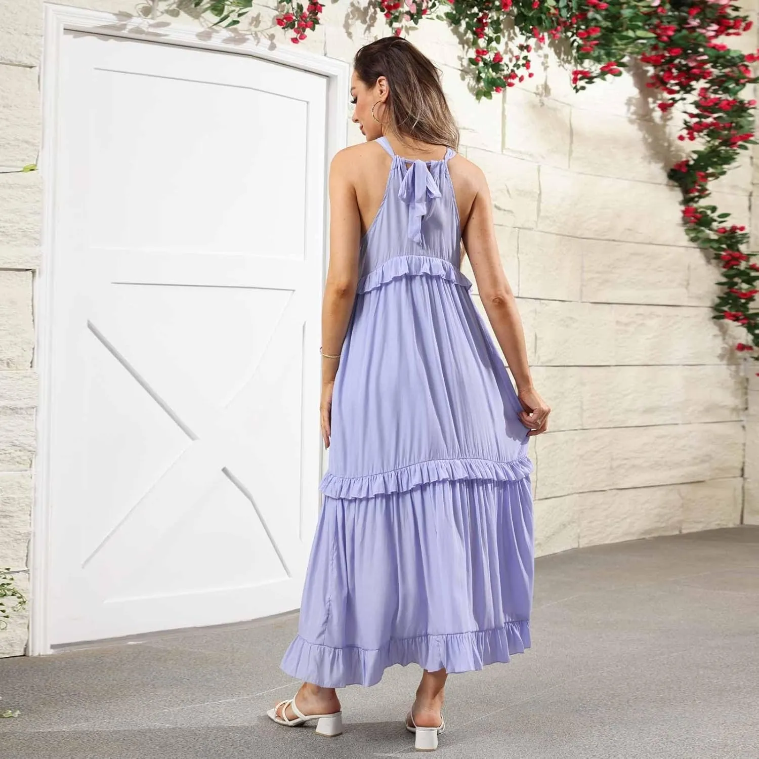 Halter Maxi Dresses for Women 2025 Summer Smocked Tiered Ruffle Dress Flowy Beach Wedding Guest Dress with Pockets