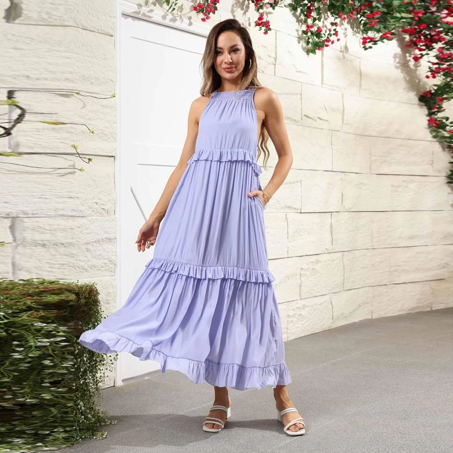 Halter Maxi Dresses for Women 2025 Summer Smocked Tiered Ruffle Dress Flowy Beach Wedding Guest Dress with Pockets