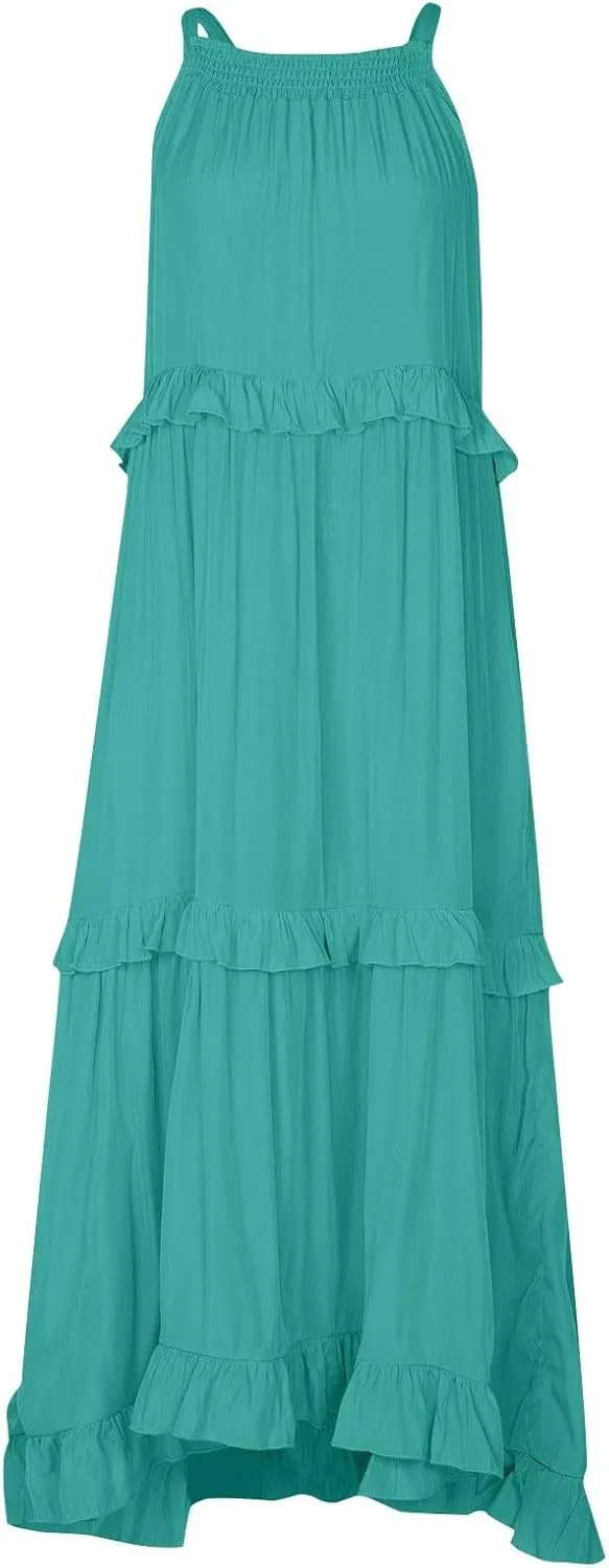 Halter Maxi Dresses for Women 2025 Summer Smocked Tiered Ruffle Dress Flowy Beach Wedding Guest Dress with Pockets