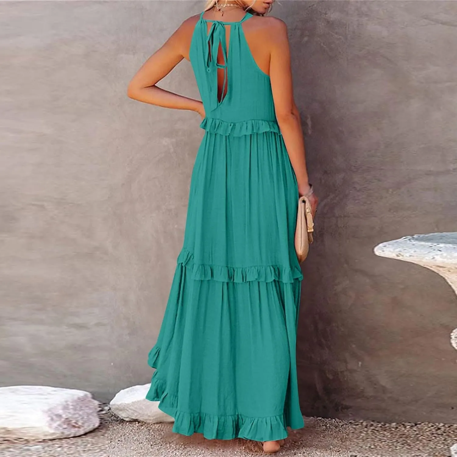 Halter Maxi Dresses for Women 2025 Summer Smocked Tiered Ruffle Dress Flowy Beach Wedding Guest Dress with Pockets