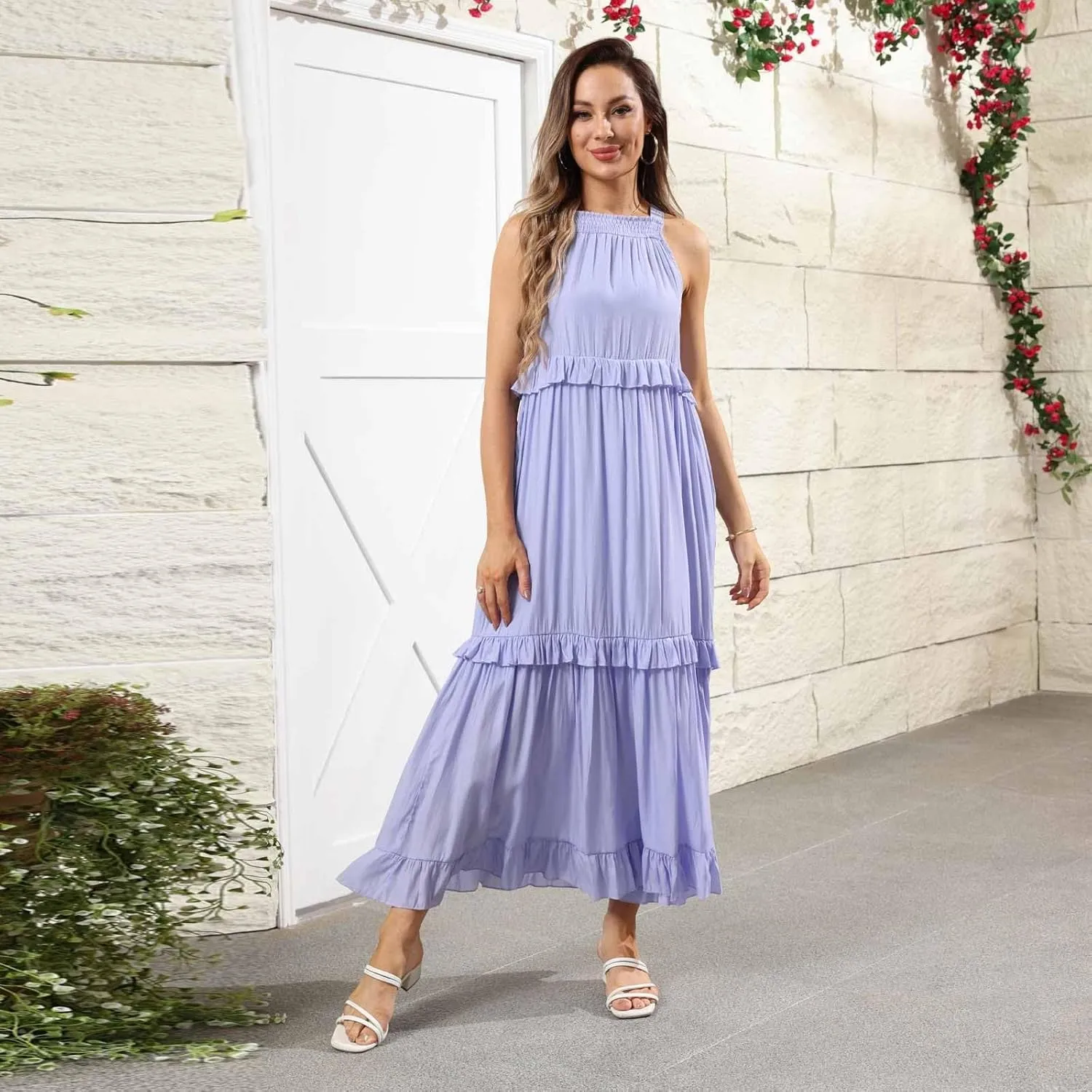 Halter Maxi Dresses for Women 2025 Summer Smocked Tiered Ruffle Dress Flowy Beach Wedding Guest Dress with Pockets