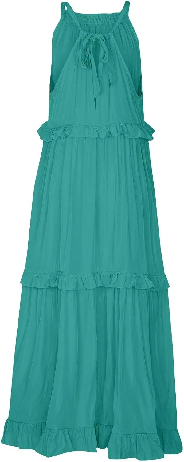 Halter Maxi Dresses for Women 2025 Summer Smocked Tiered Ruffle Dress Flowy Beach Wedding Guest Dress with Pockets