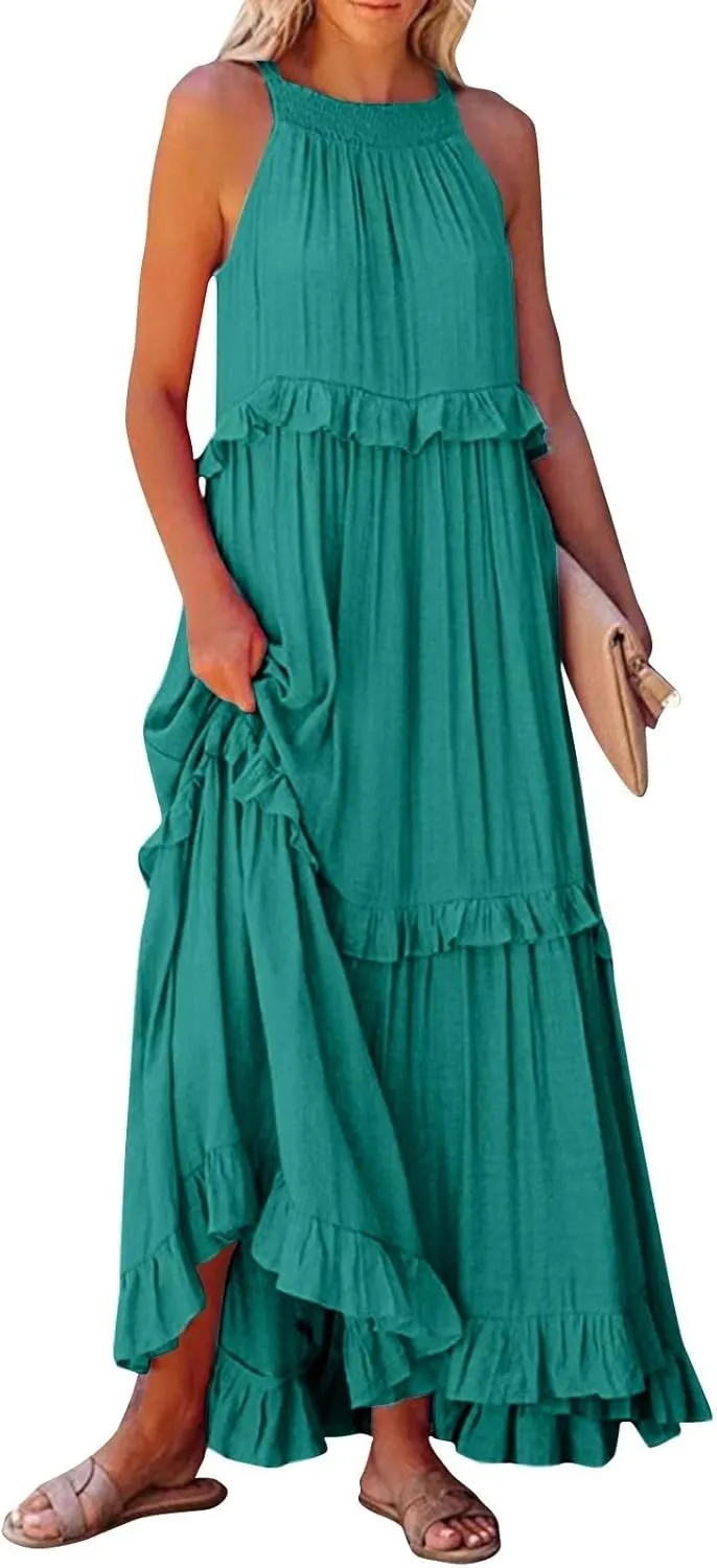 Halter Maxi Dresses for Women 2025 Summer Smocked Tiered Ruffle Dress Flowy Beach Wedding Guest Dress with Pockets