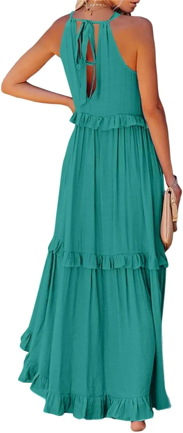 Halter Maxi Dresses for Women 2025 Summer Smocked Tiered Ruffle Dress Flowy Beach Wedding Guest Dress with Pockets